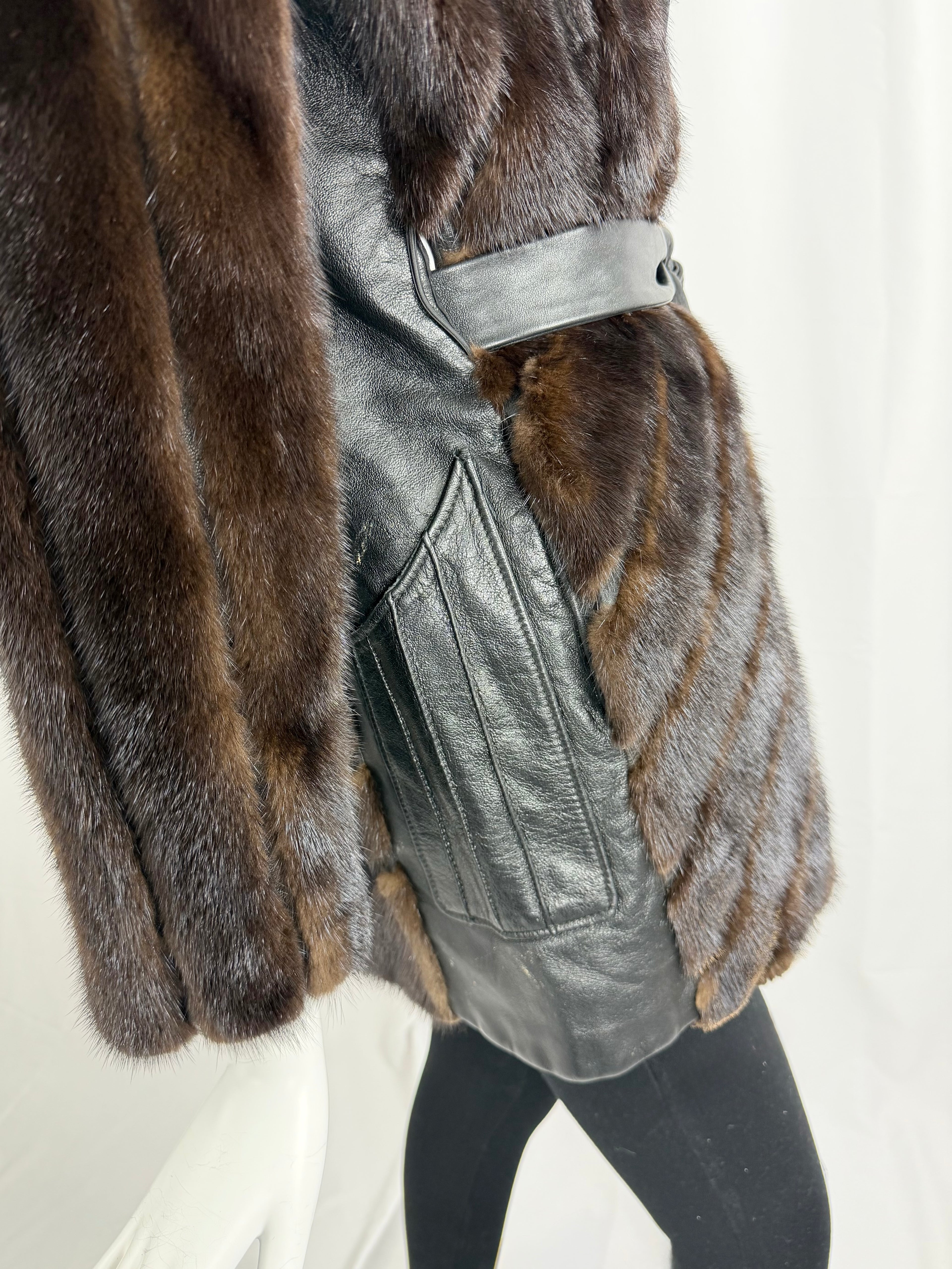 70's Mink and Leather Chevron Coat