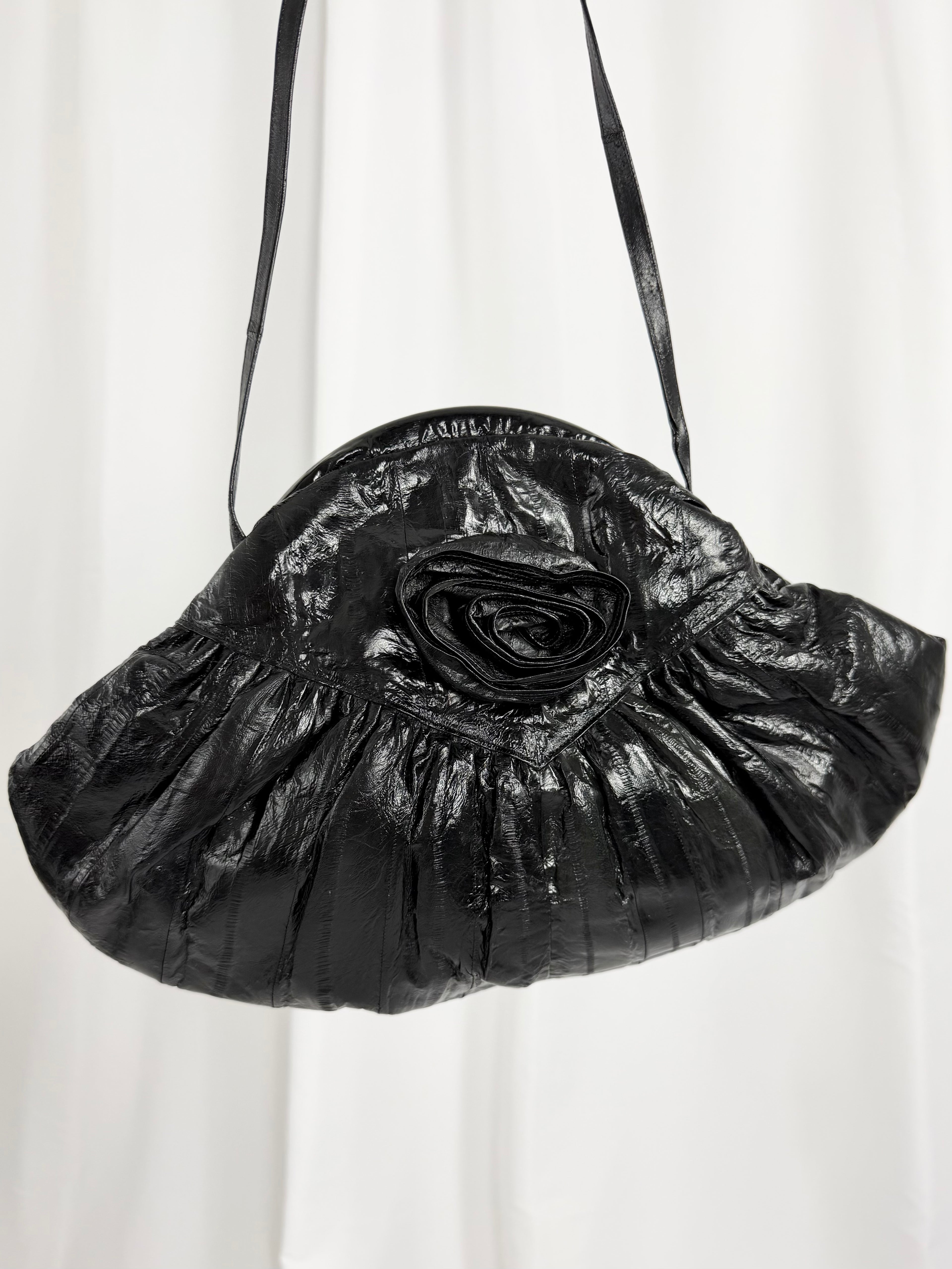 80's Black Eel Skin Rosette Purse