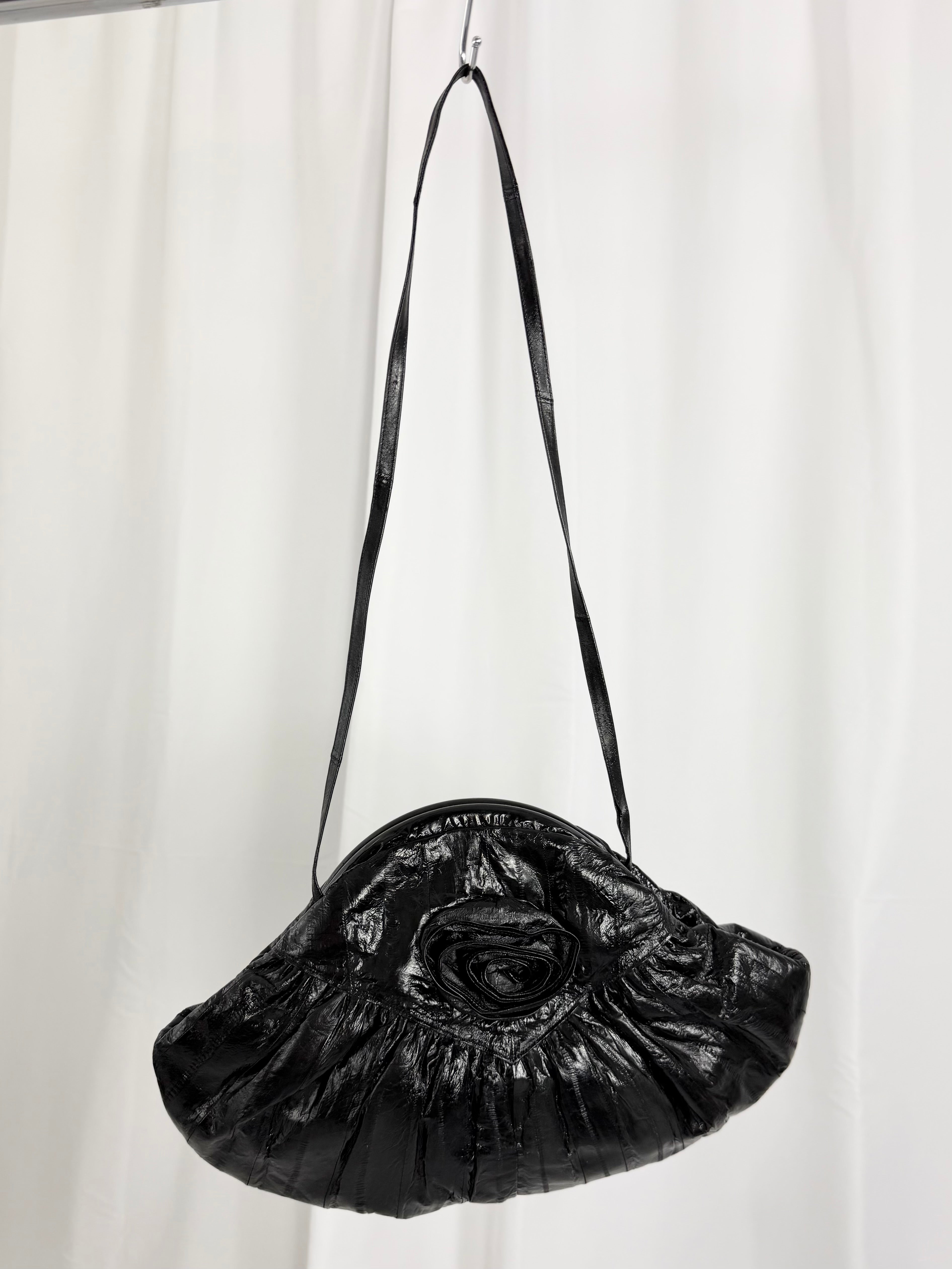 80's Black Eel Skin Rosette Purse