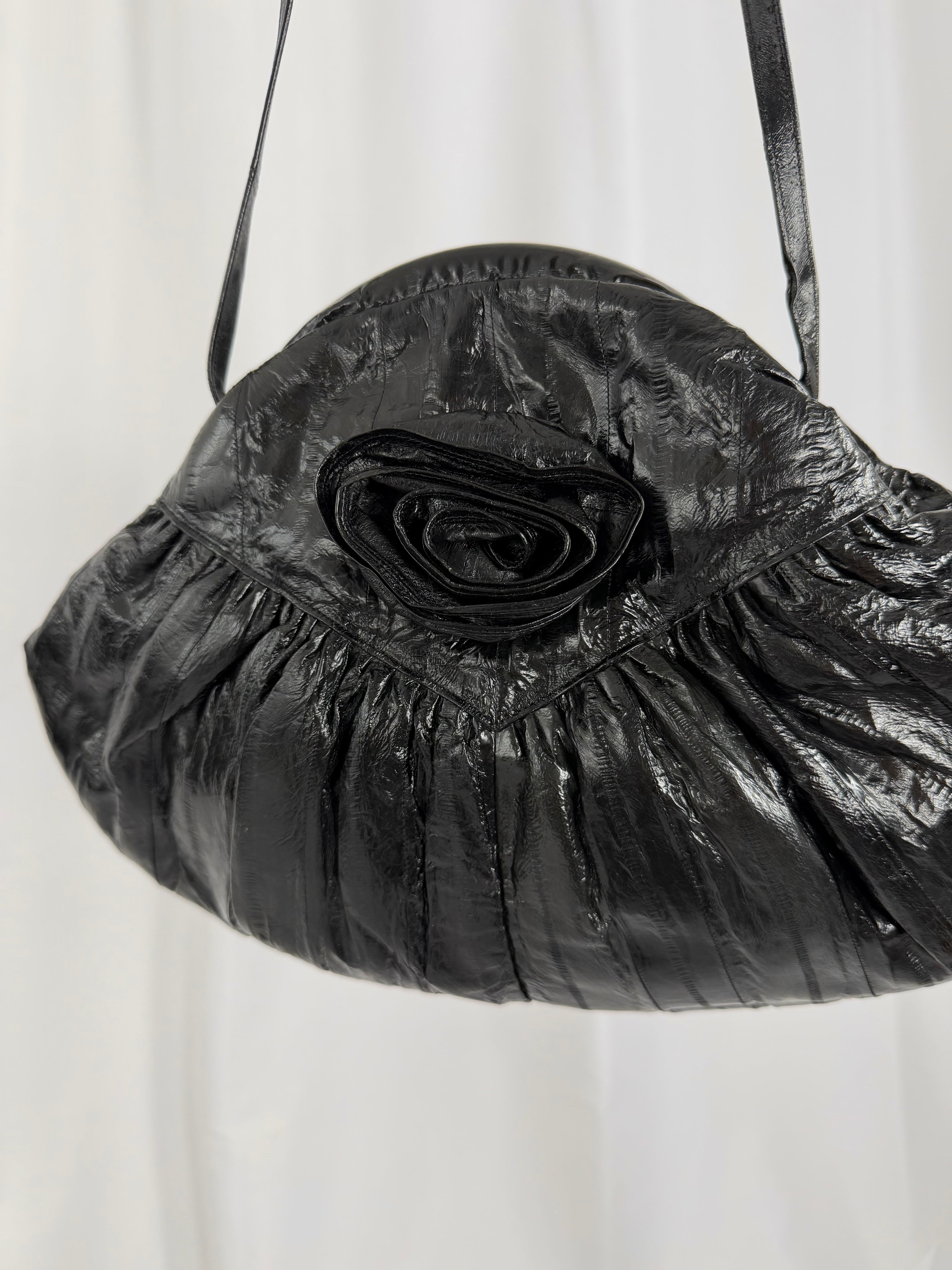 80's Black Eel Skin Rosette Purse